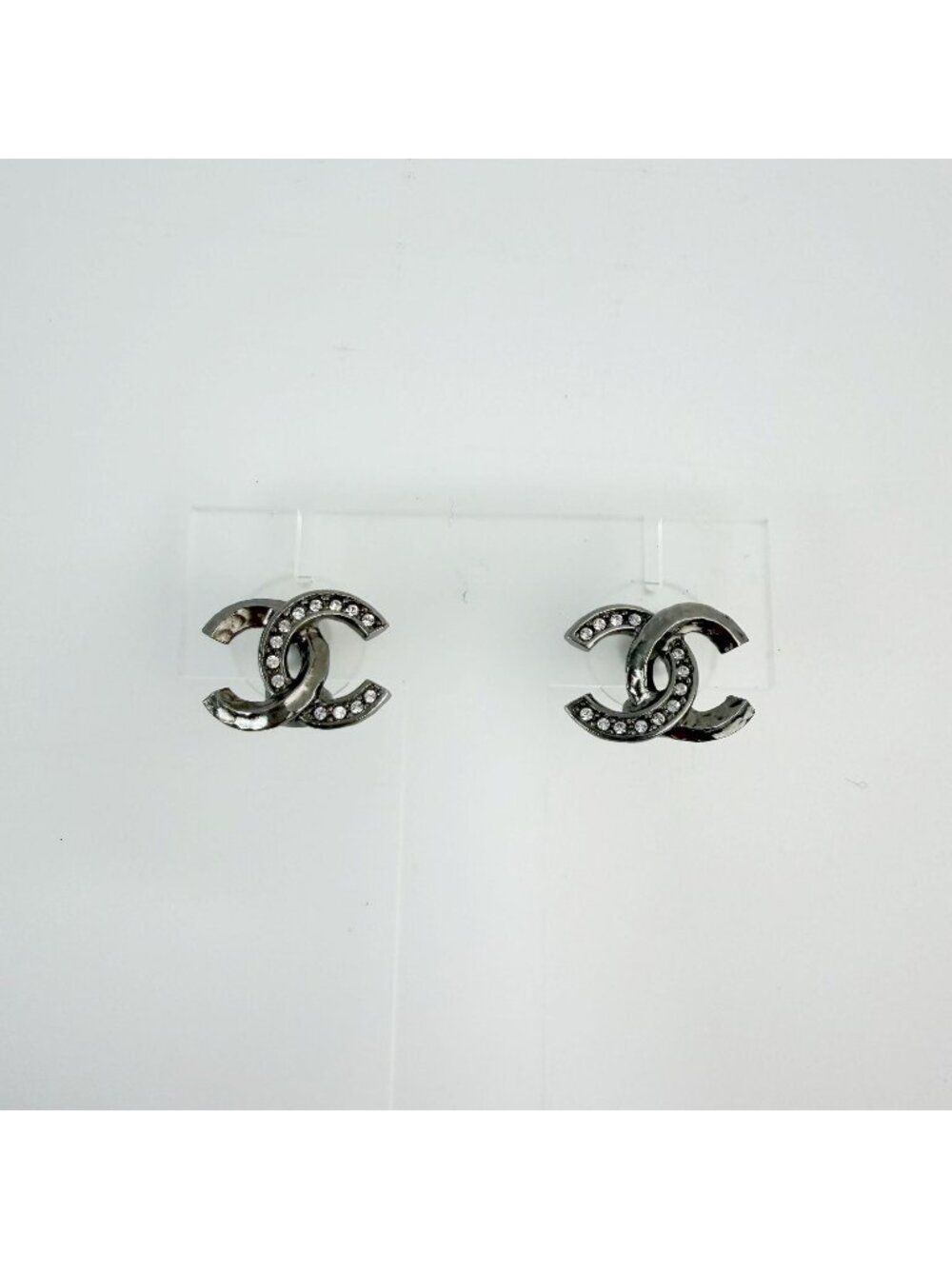 Chanel CC Logo Rhinestone Earrings Plated Silver Clear Vintage